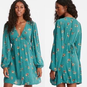Billabong Days on End Aqua Floral Long Sleeve V-Neck Mini Dress